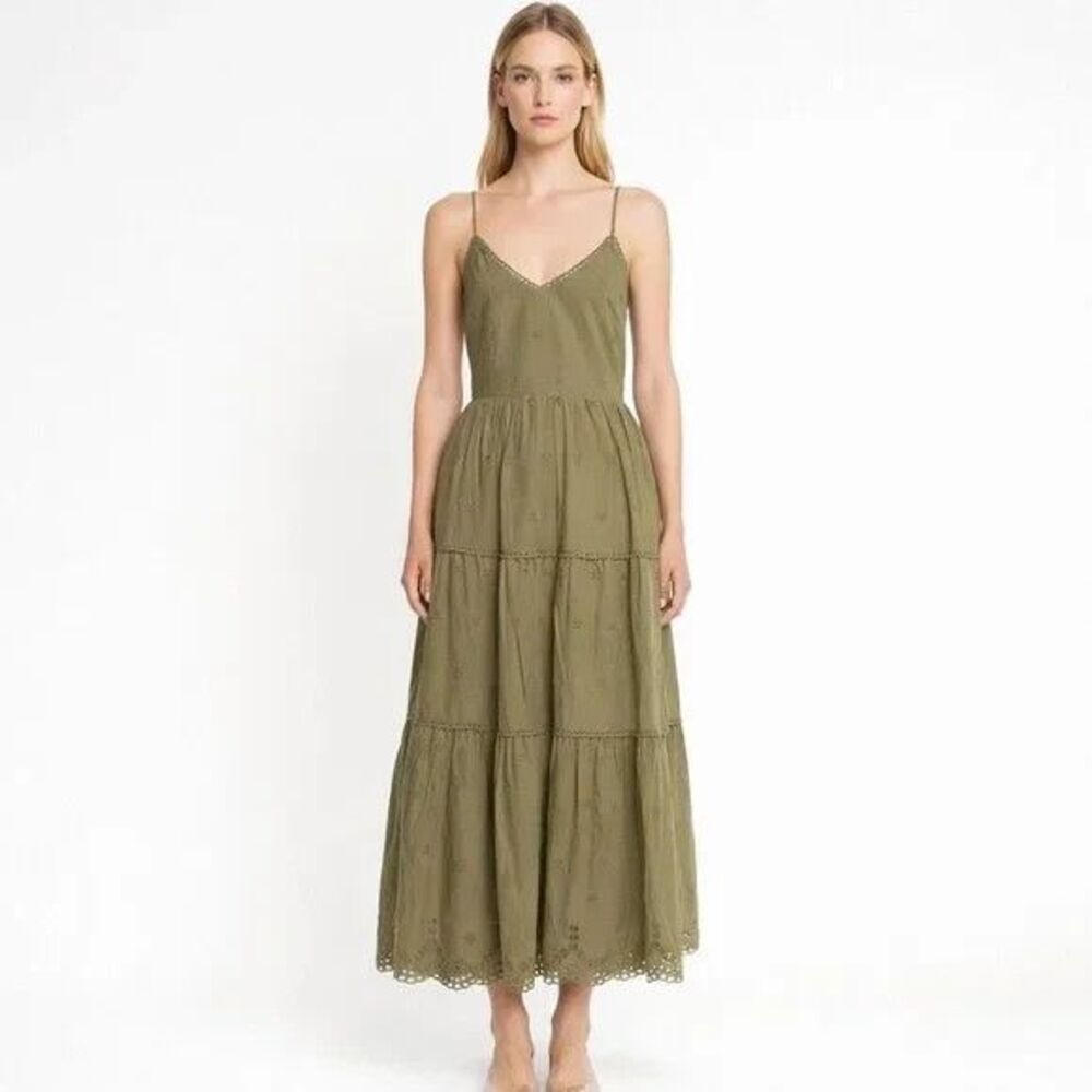 Caroline Constas womens Olive Strappy Tie Back Eyelet Cotton Midi Dress size XS